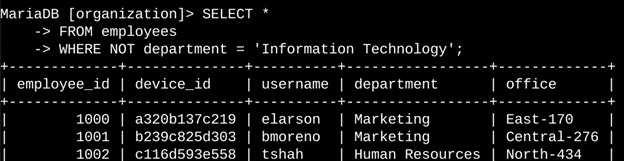 A screenshot of an SQL query to filter for employee machines from employees not in the Information Technology department.